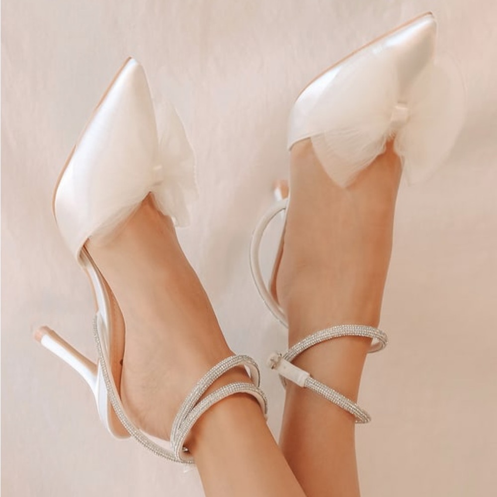 Lulus Lelanee White Satin Rhinestone Bow Ankle Strap Pumps
